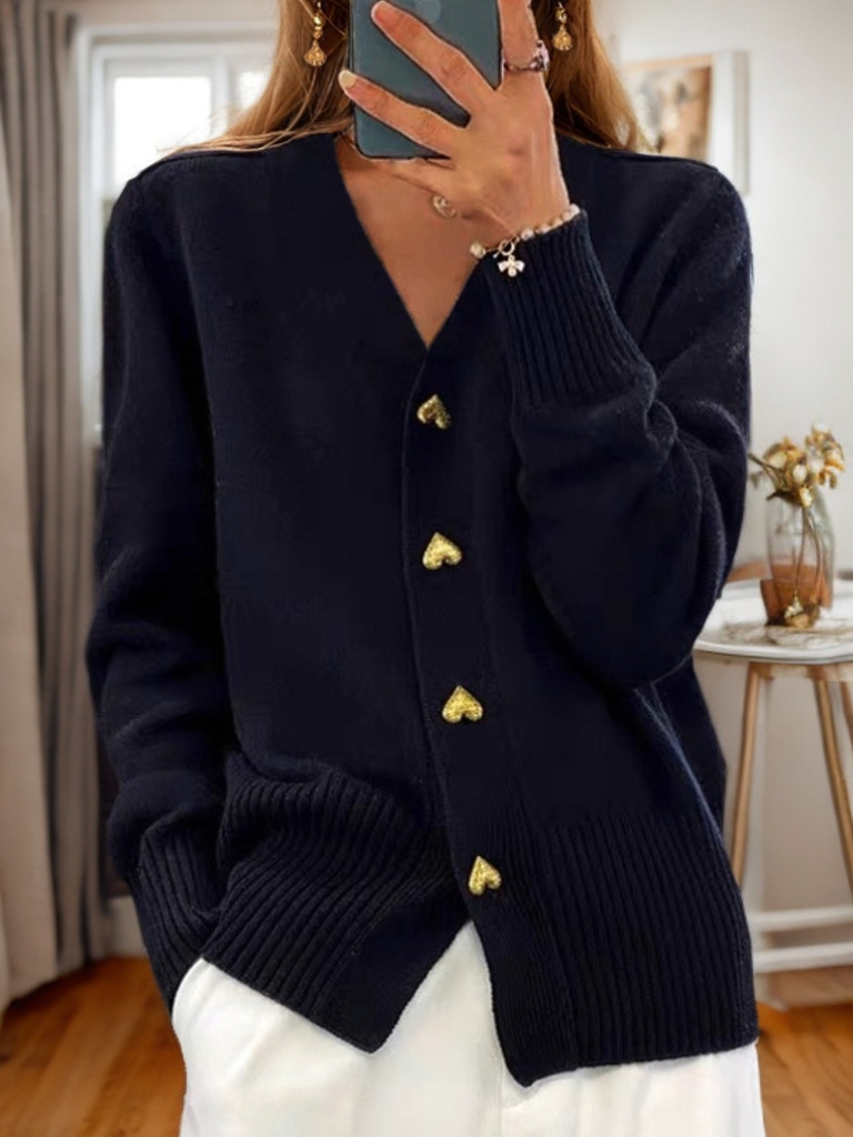 134ec439-8e6f-4ad6-ba19-5f5928a4cd33.jpg V-neck Knitted Sweater With Love Button Fashion Solid Long-sleeved Cardigan Spring And Autumn Women's Clothing - Image 8