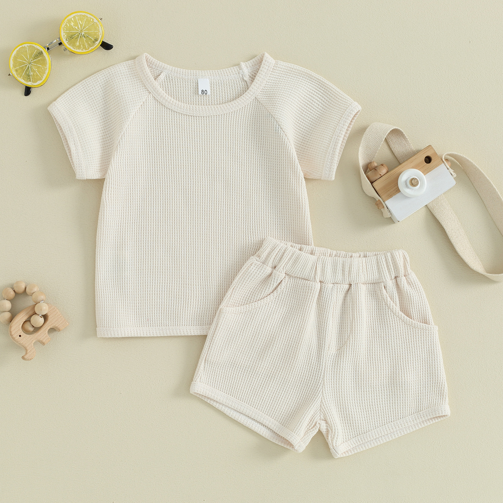 4a23e077-783f-4958-9130-90b8256a25ba.jpg Waffle Short-sleeved Shorts Two-piece Baby Clothes Comfort And Casual - Image 3