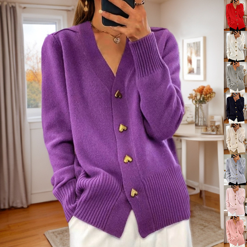 5c8af0b5-a255-44cc-9a4f-2d50c3272377.jpg V-neck Knitted Sweater With Love Button Fashion Solid Long-sleeved Cardigan Spring And Autumn Women's Clothing