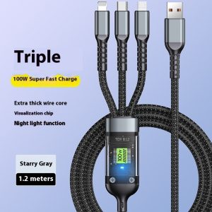Mobile Phone Data Cable One-to-three Digital Display With Light Three-in-one Fast Charge Car Charging Cable
