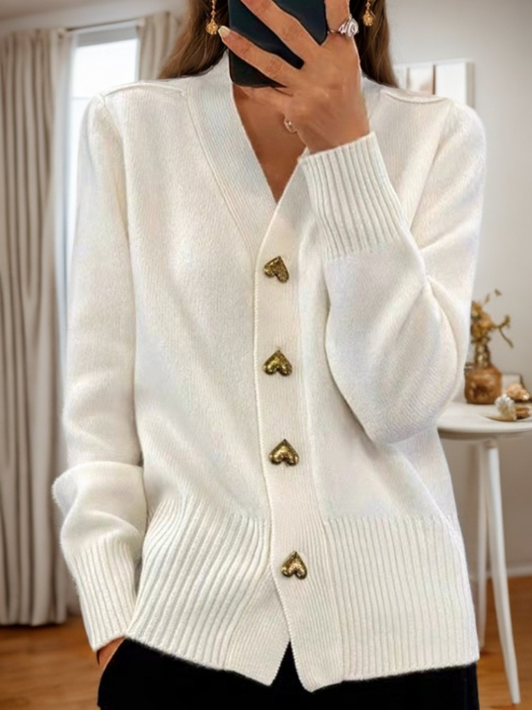 6ae2c790-8fe5-4b9a-9f46-6cd007e398e5.jpg V-neck Knitted Sweater With Love Button Fashion Solid Long-sleeved Cardigan Spring And Autumn Women's Clothing - Image 5