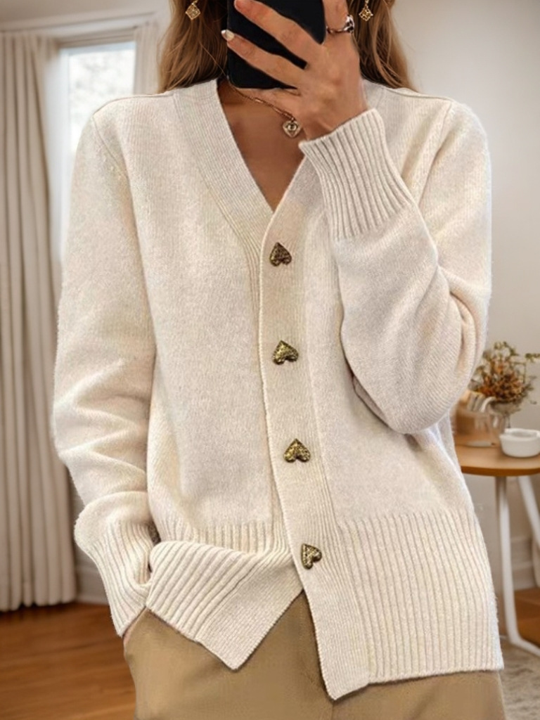 77c960d3-b4dd-43b6-aee5-a76deae911c0.jpg V-neck Knitted Sweater With Love Button Fashion Solid Long-sleeved Cardigan Spring And Autumn Women's Clothing - Image 6
