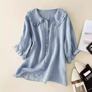 Loose Half Sleeve Shirt Women's Col Claudine Top