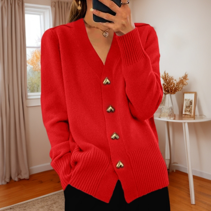 d86aa289-f94c-4b17-a6d7-1487ef8e031d.jpg V-neck Knitted Sweater With Love Button Fashion Solid Long-sleeved Cardigan Spring And Autumn Women's Clothing - Image 2