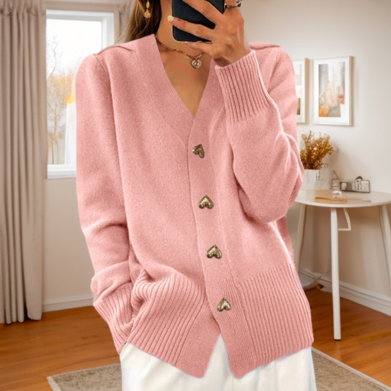ec0ab944-1236-4cfc-9f47-a0afef08ebdb.jpg V-neck Knitted Sweater With Love Button Fashion Solid Long-sleeved Cardigan Spring And Autumn Women's Clothing - Image 4